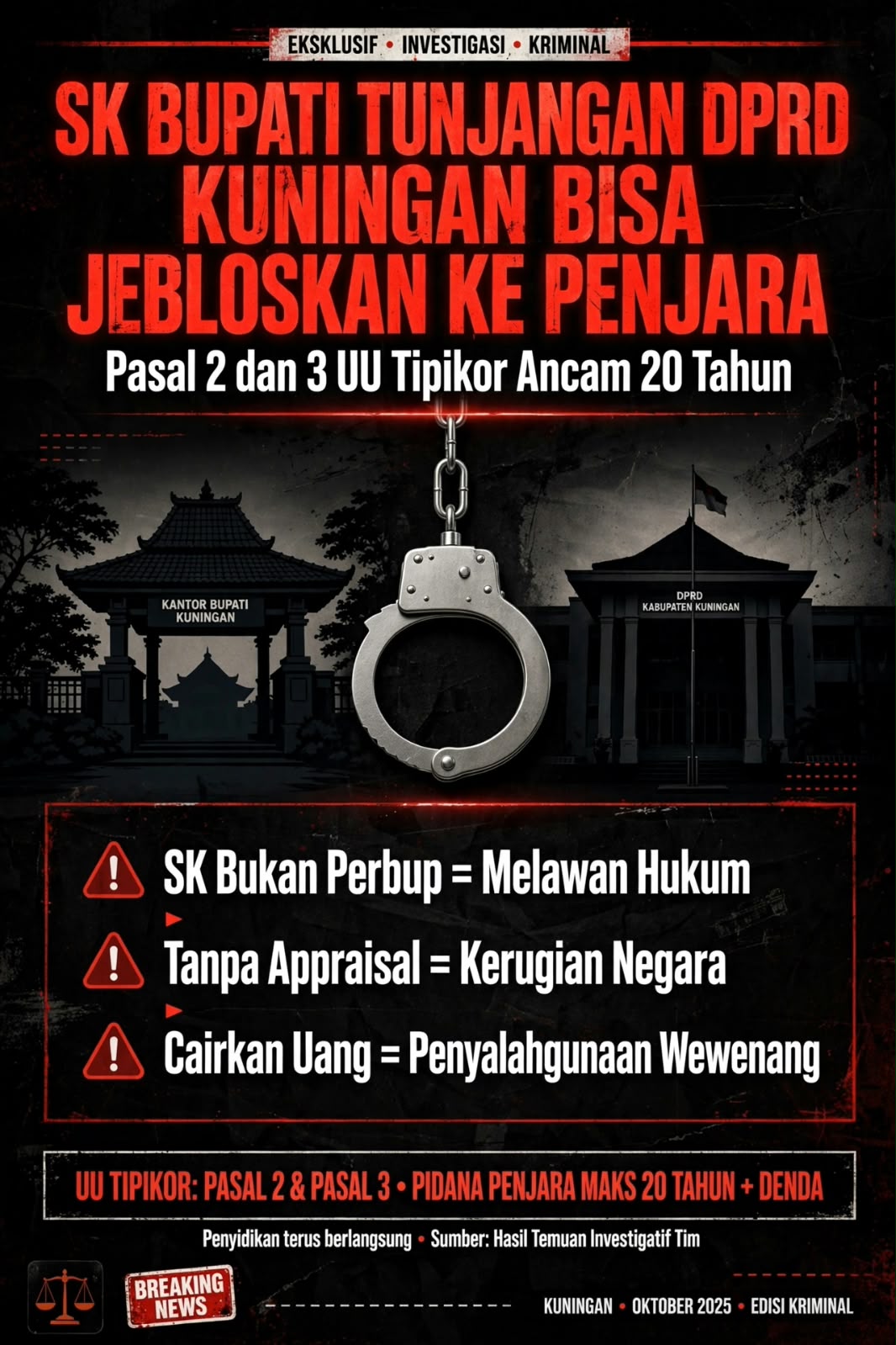 SK BUPATI UNTUK TUNJANGAN DPRD KUNINGAN BISA JEBLOSKAN PEJABAT KE PENJARA, ANCAMAN 20 TAHUN PENJARA